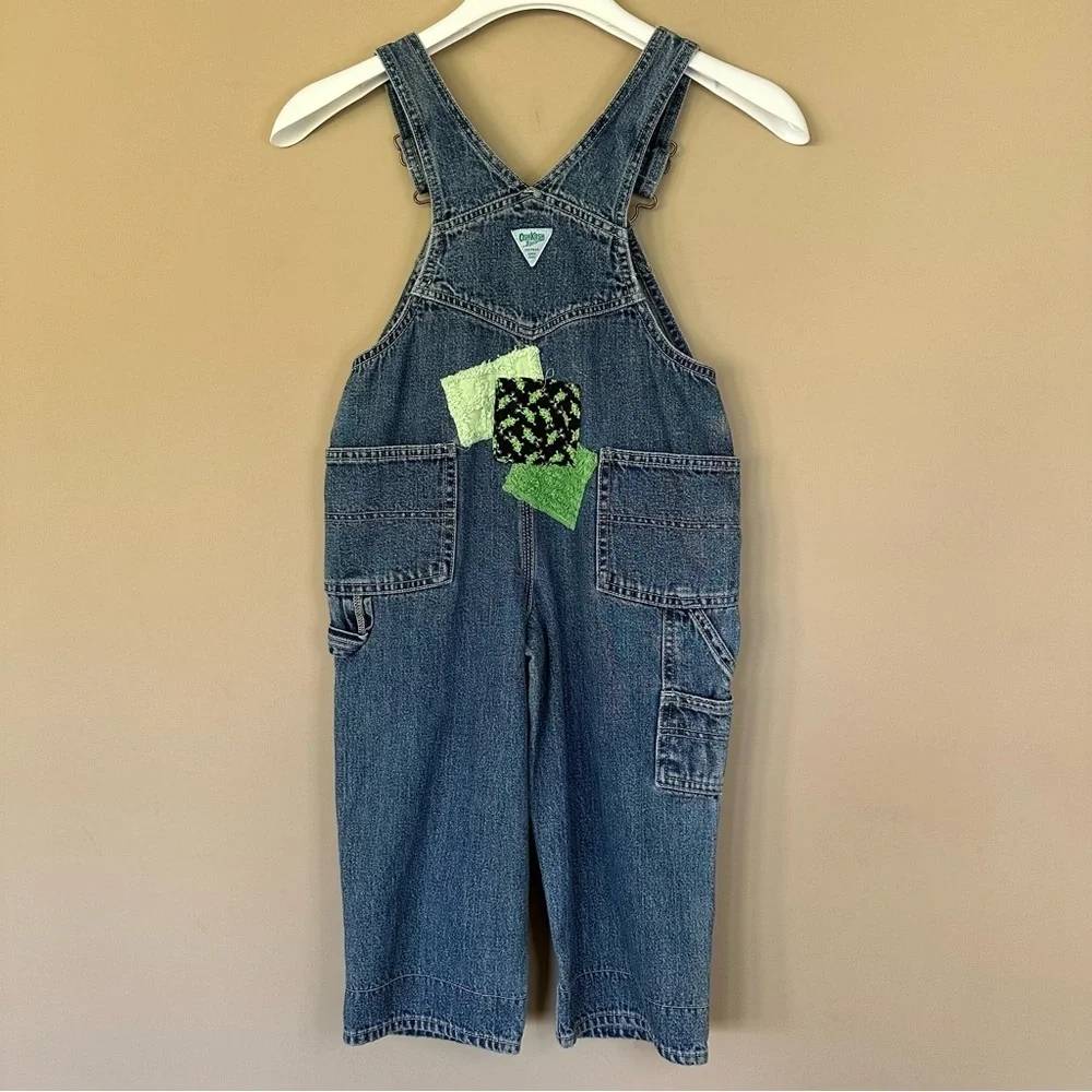 Boys 3T Frog Overalls Denim Chenille Patches Osh Kosh Bgosh Vest Back Blue Jean